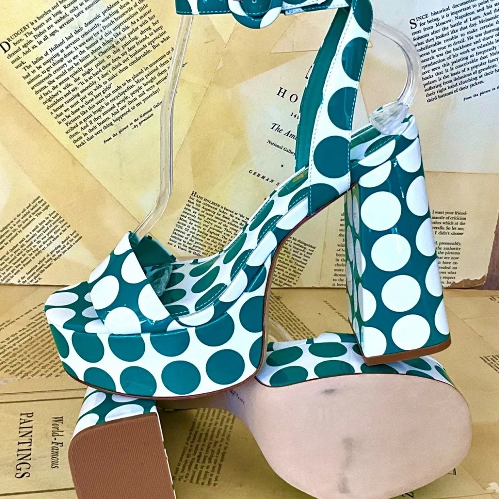 Anthropologie Larroude Dolly Platform Sandal Green White Patent Polka Dot - Picture 5 of 10